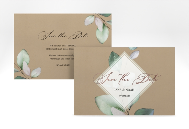 Save the Date-Karte Foglia A6 Karte quer Kraftpapier rosegold edel mit Eukalyptus im Aquarell-Design