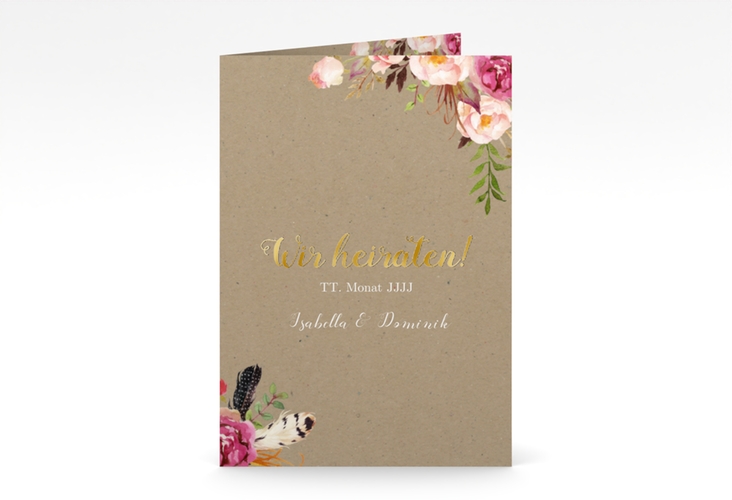 Einladungskarte Hochzeit Flowers A6 Klappkarte hoch Kraftpapier gold mit bunten Aquarell-Blumen