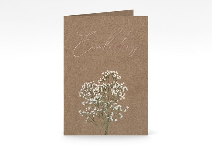 Einladungskarte Hochzeit Schleierkraut A6 Klappkarte hoch Kraftpapier rosegold