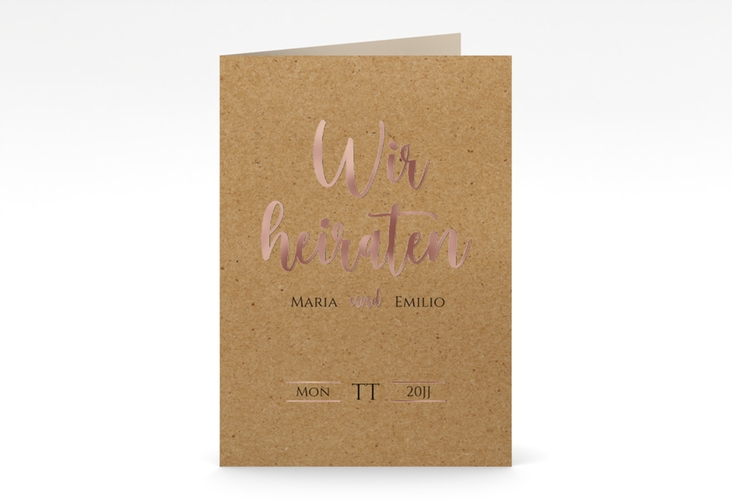 Einladungskarte Hochzeit Noble A6 Klappkarte hoch Kraftpapier rosegold mit elegantem Schriftzug