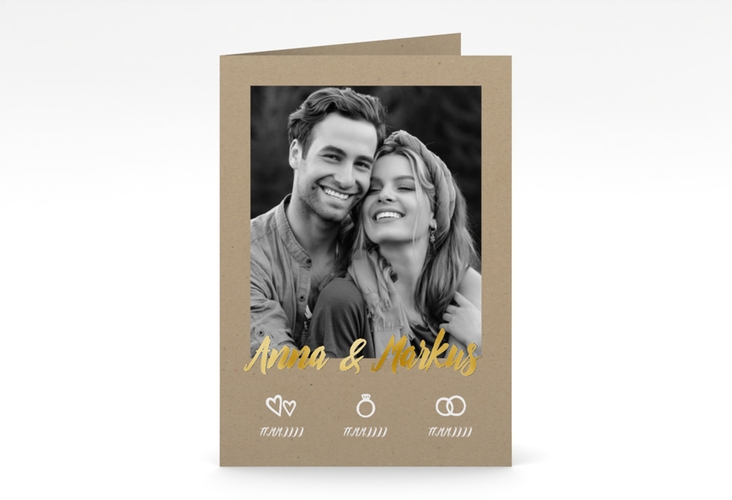 Einladungskarte Hochzeit Icons A6 Klappkarte hoch Kraftpapier gold im Kraftpapier-Look mit Foto