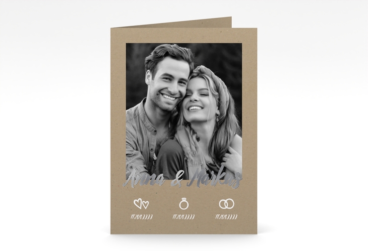 Einladungskarte Hochzeit Icons A6 Klappkarte hoch Kraftpapier silber im Kraftpapier-Look mit Foto