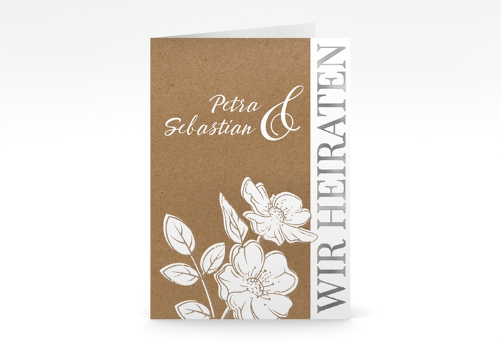 Einladungskarte Hochzeit Windflower A6 Klappkarte hoch Kraftpapier silber mit Wildrosen