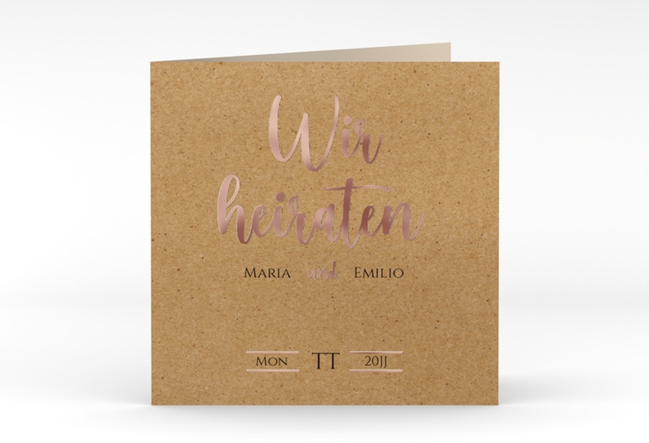 Hochzeitseinladung Noble quadr. Klappkarte Kraftpapier rosegold mit elegantem Schriftzug