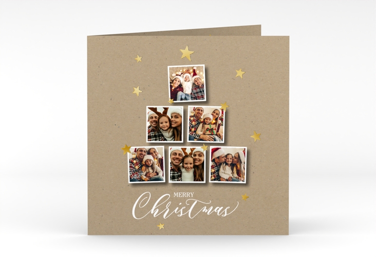 Weihnachtskarte Goldsterne quadr. Klappkarte Kraftpapier gold mit sechs Fotos