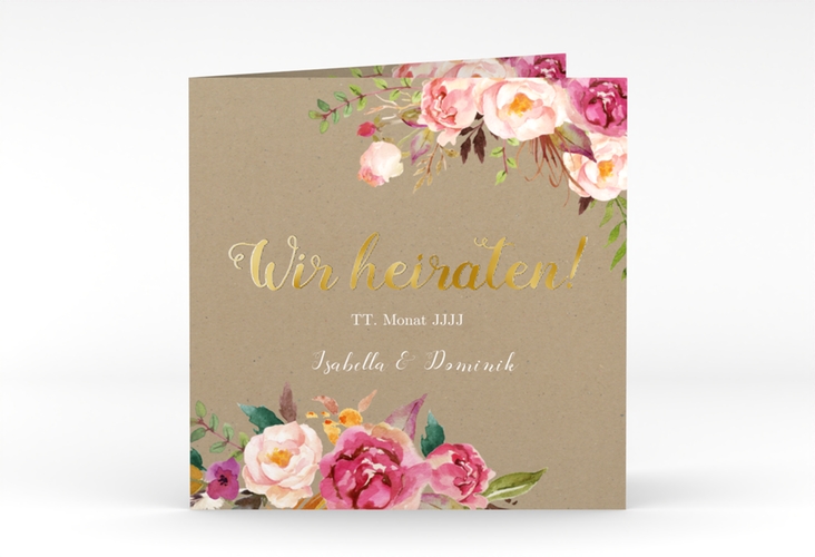 Hochzeitseinladung Flowers quadr. Klappkarte Kraftpapier gold mit bunten Aquarell-Blumen