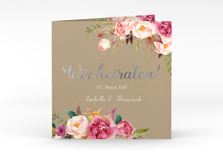 Hochzeitseinladung Flowers quadr. Klappkarte Kraftpapier silber mit bunten Aquarell-Blumen