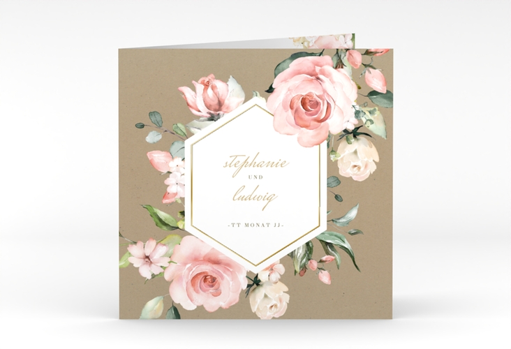 Hochzeitseinladung Graceful quadr. Klappkarte Kraftpapier gold mit Rosenblüten in Rosa und Weiß