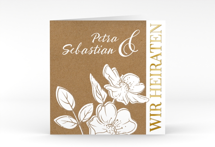 Hochzeitseinladung Windflower quadr. Klappkarte Kraftpapier gold mit Wildrosen