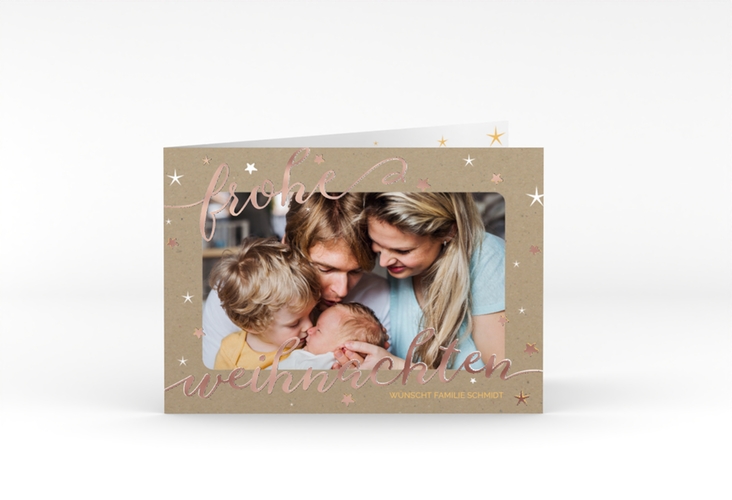 Weihnachtskarte Sternenlicht A6 Klappkarte quer Kraftpapier rosegold in Kraftpapier-Optik mit Foto