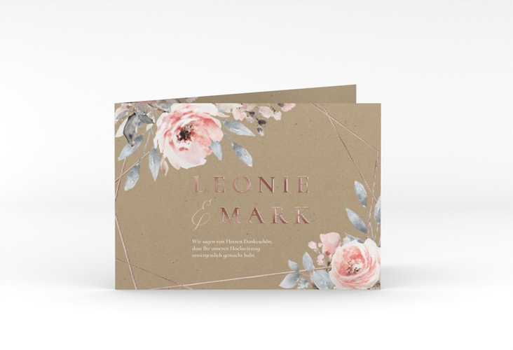 Danksagungskarte Hochzeit Perfection A6 Klappkarte quer Kraftpapier rosegold mit rosa Rosen