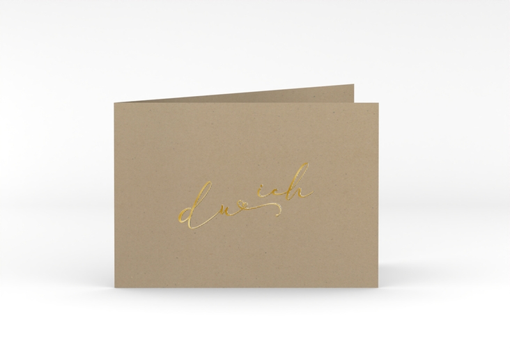 Hochzeitseinladung Zweisamkeit A6 Klappkarte quer Kraftpapier gold im minimalistischen Stil mit Aufschrift du & ich