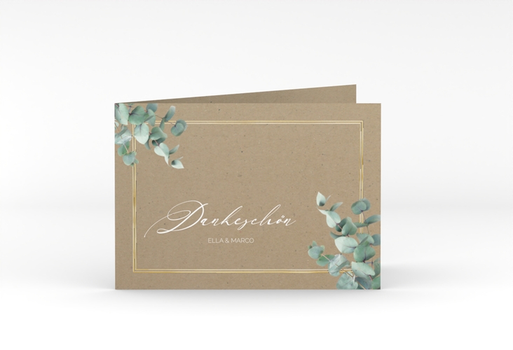 Dankeskarte Hochzeit Eucalypt A6 Klappkarte quer Kraftpapier gold mit Eukalyptus und edlem Rahmen