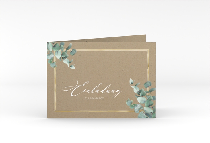 Hochzeitseinladung Eucalypt A6 Klappkarte quer Kraftpapier gold mit Eukalyptus und edlem Rahmen