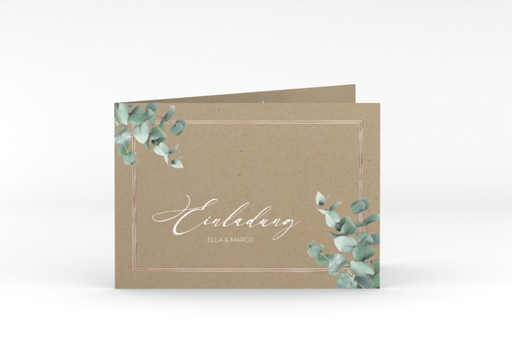 Hochzeitseinladung Eucalypt A6 Klappkarte quer Kraftpapier rosegold mit Eukalyptus und edlem Rahmen