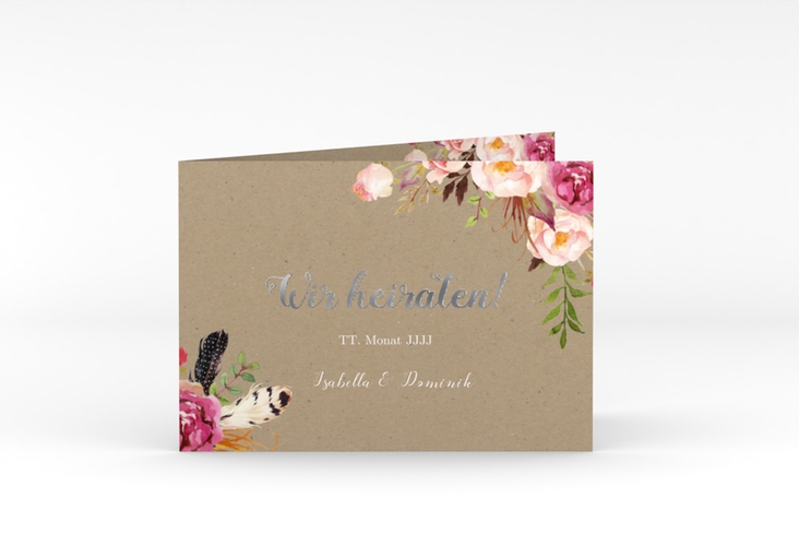 Hochzeitseinladung Flowers A6 Klappkarte quer Kraftpapier silber mit bunten Aquarell-Blumen