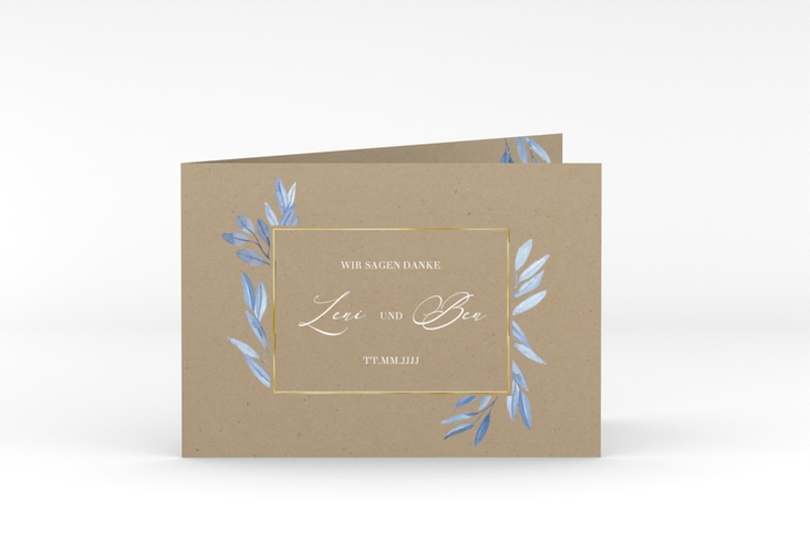 Danksagungskarte Hochzeit Classicblue A6 Klappkarte quer Kraftpapier gold