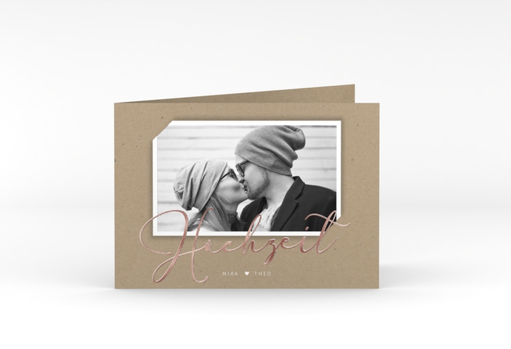 Hochzeitseinladung Crafty A6 Klappkarte quer Kraftpapier rosegold mit Foto