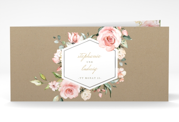 Danksagungskarte Hochzeit Graceful lange Klappkarte quer Kraftpapier silber mit Rosenblüten in Rosa und Weiß