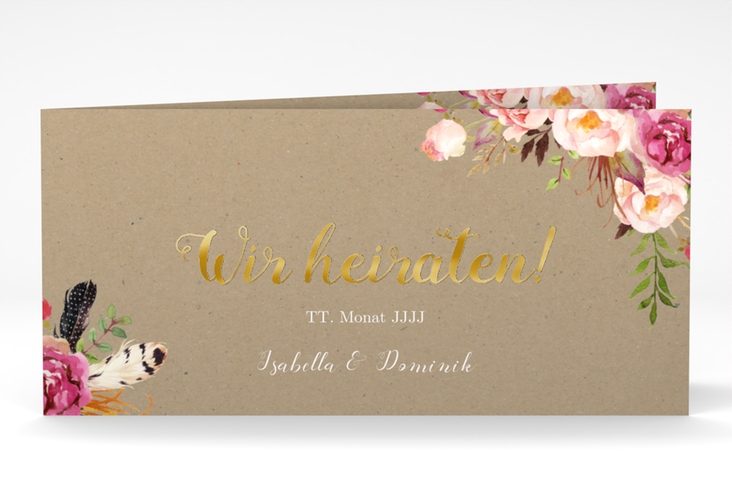 Hochzeitseinladung Flowers lange Klappkarte quer Kraftpapier gold mit bunten Aquarell-Blumen