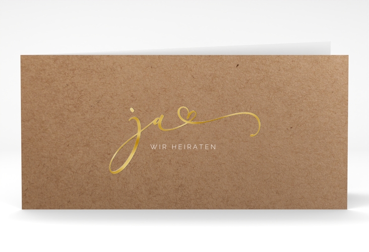 Hochzeitseinladung Jawort lange Klappkarte quer Kraftpapier gold modern minimalistisch mit veredelter Aufschrift