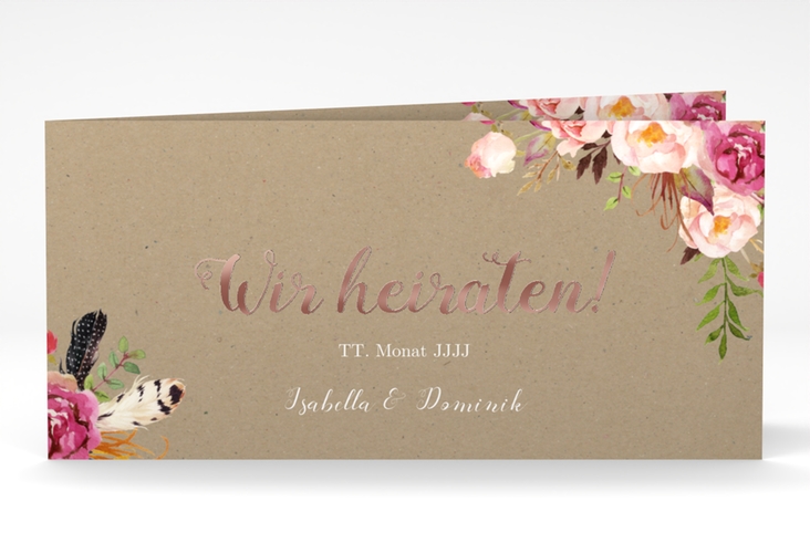 Hochzeitseinladung Flowers lange Klappkarte quer Kraftpapier rosegold mit bunten Aquarell-Blumen