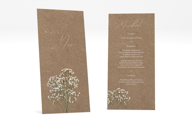 Menükarte Hochzeit Schleierkraut lange Karte hoch Kraftpapier rosegold