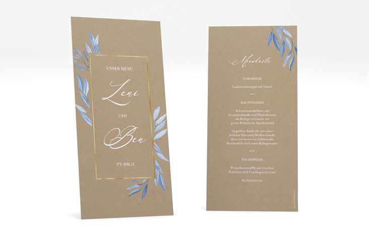 Menükarte Hochzeit Classicblue lange Karte hoch Kraftpapier gold