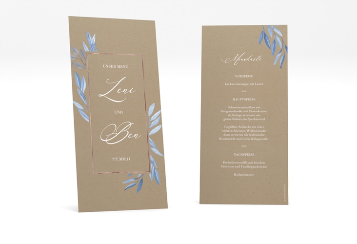 Menükarte Hochzeit Classicblue lange Karte hoch Kraftpapier rosegold