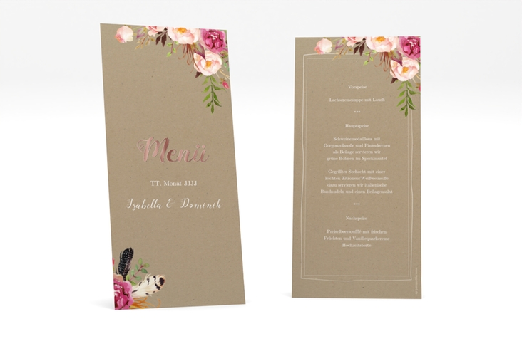 Menükarte Hochzeit Flowers lange Karte hoch Kraftpapier rosegold mit bunten Aquarell-Blumen