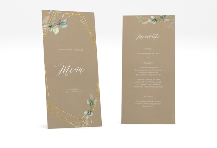 Menükarte Hochzeit Greenish lange Karte hoch Kraftpapier gold