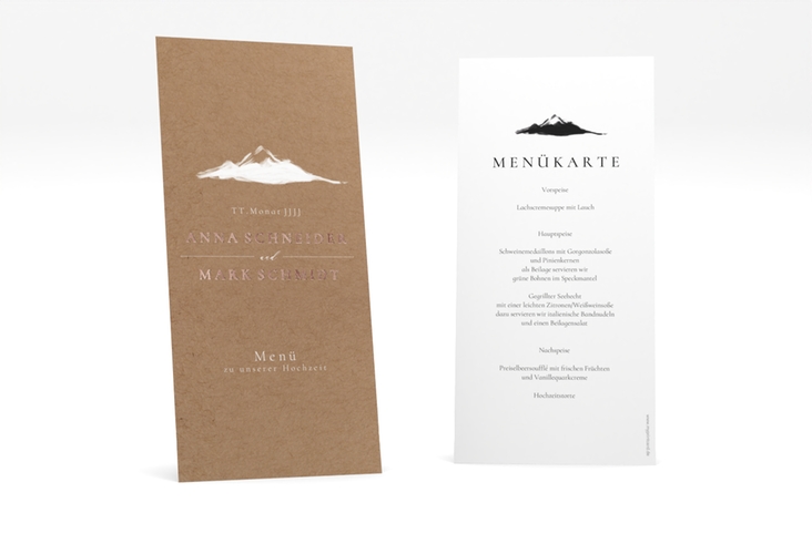 Menükarte Hochzeit Berghochzeit lange Karte hoch Kraftpapier rosegold mit Berg-Motiv