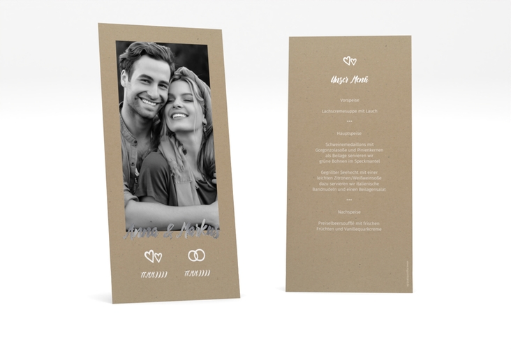 Menükarte Hochzeit Icons lange Karte hoch Kraftpapier silber