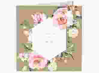 Hochzeitseinladung Graceful quadr. Klappkarte Kraftpapier mit Rosenblüten in Rosa und Weiß