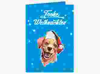 Weihnachtskarte Frosty A6 Klappkarte hoch blau mit Hund mit Nikolausmütze