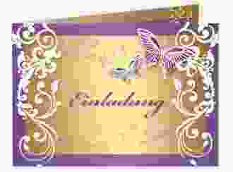 Hochzeitseinladung Toulouse A6 Klappkarte quer lila mit Schmetterlingen und Schnörkeln