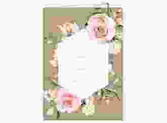 Menükarte Hochzeit Graceful A5 Klappkarte hoch Kraftpapier mit Rosenblüten in Rosa und Weiß