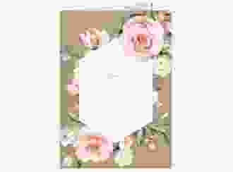 Einladungskarte Hochzeit Graceful A6 Klappkarte hoch Kraftpapier mit Rosenblüten in Rosa und Weiß