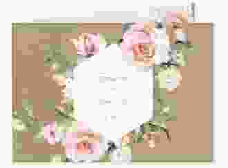 Einladung Hochzeit Graceful A6 Klappkarte quer Kraftpapier mit Rosenblüten in Rosa und Weiß