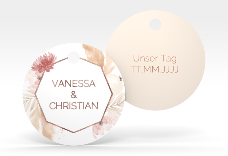 Geschenkanhänger Hochzeit Bohostyle Geschenkanhänger, rund beige rosegold mit Pampasgras in Aquarell