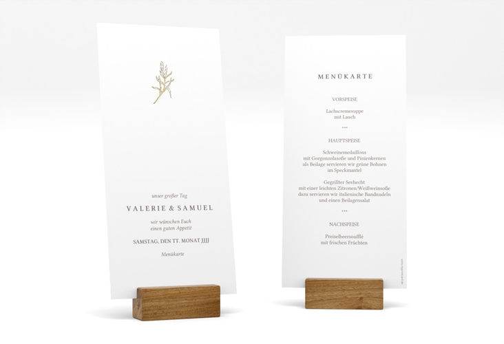 Menükarte Hochzeit Ivy lange Karte hoch gold minimalistisch mit kleiner botanischer Illustration