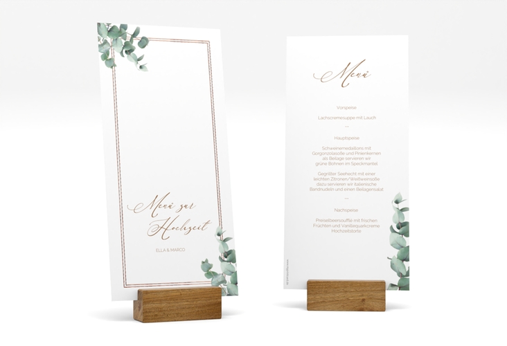 Menükarte Hochzeit Eucalypt lange Karte hoch rosegold mit Eukalyptus und edlem Rahmen