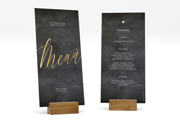 Menükarte Hochzeit Chalkboard lange Karte hoch gold mit Folienveredelung