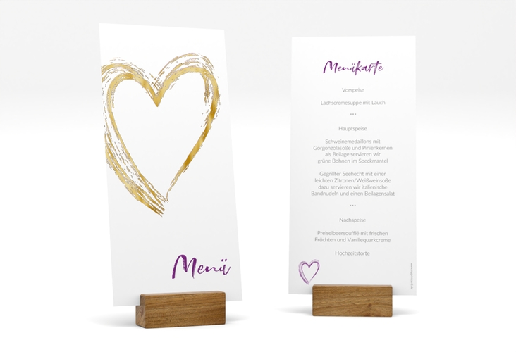 Menükarte Hochzeit Liebe lange Karte hoch lila gold