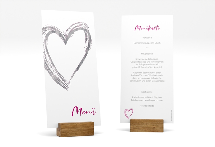 Menükarte Hochzeit Liebe lange Karte hoch pink silber