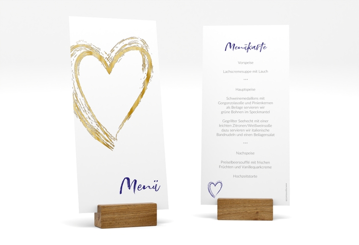 Menükarte Hochzeit Liebe lange Karte hoch blau gold