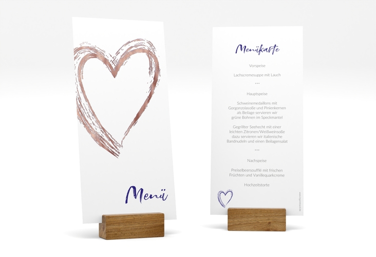 Menükarte Hochzeit Liebe lange Karte hoch blau rosegold