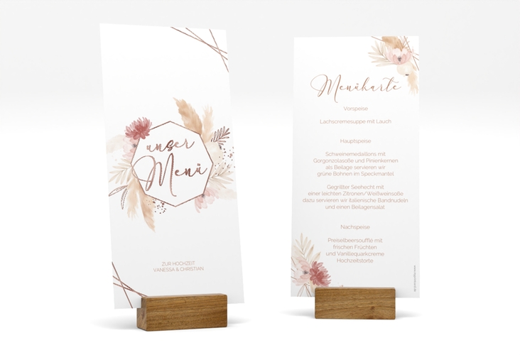 Menükarte Hochzeit Bohostyle lange Karte hoch beige rosegold mit Pampasgras in Aquarell