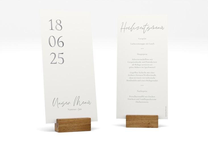 Menükarte Hochzeit Day lange Karte hoch weiss silber mit Datum im minimalistischen Design