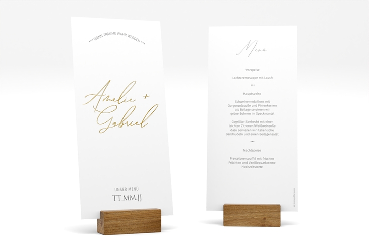 Menükarte Hochzeit Federschrift lange Karte hoch weiss gold in schlichtem Design mit Kalligrafie